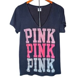 PINK Victoria's Secret Black Tee with Pink and Gray Logo